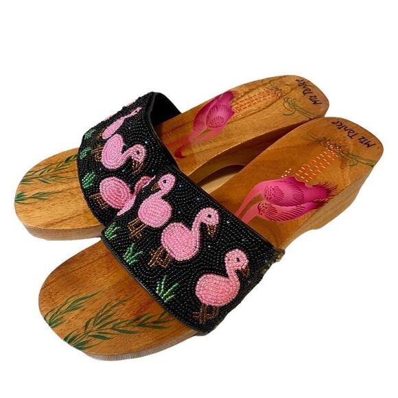 Miz Tanice Beaded & Painted Pink Flamingo Wood Slides in ladies Sz 8. - Picture 2 of 8